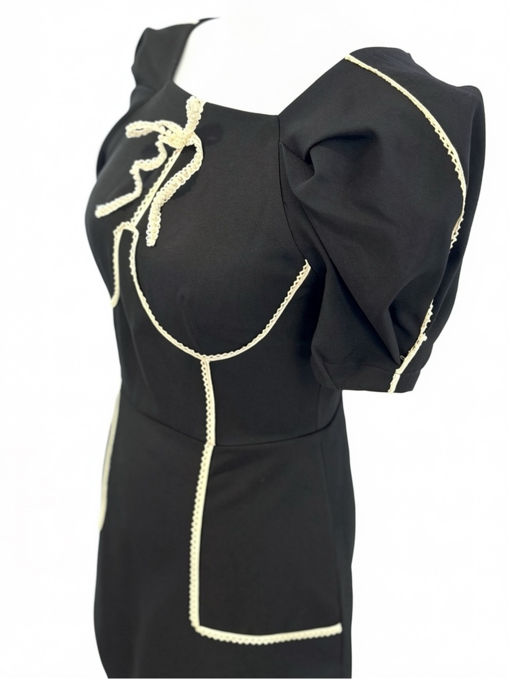 Black Contrast Trim Puff Sleeve Mini Dress Size S - Picture 3 of 7